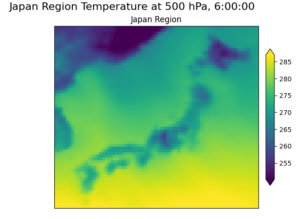 GraphCastによる500hPa気温の予測結果（日本付近拡大）