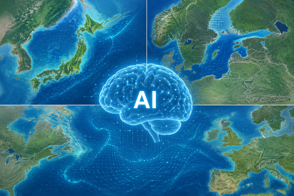 AIによる海洋モデリングを表した概念図。中央に「AI」と書かれた光る脳が置かれ、背景に日本海、バルト海、北大西洋の海域が描かれている。海面上のメッシュやデータ点は、海洋シミュレーションや予測に使われるデータを表している。なお、本記事で扱う4つ目の事例(ダウンスケーリング)は、ヨーロッパ周辺海域のCopernicusデータを対象としている。