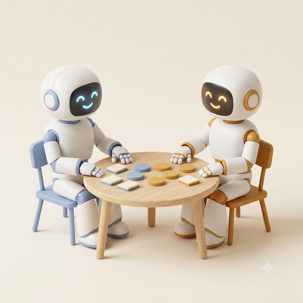 2体の笑顔のロボットが、丸い木のテーブルを挟んで向かい合い、シンプルなトークンで対戦しているところ。落ち着いたミニマルな作風の3Dイラスト。